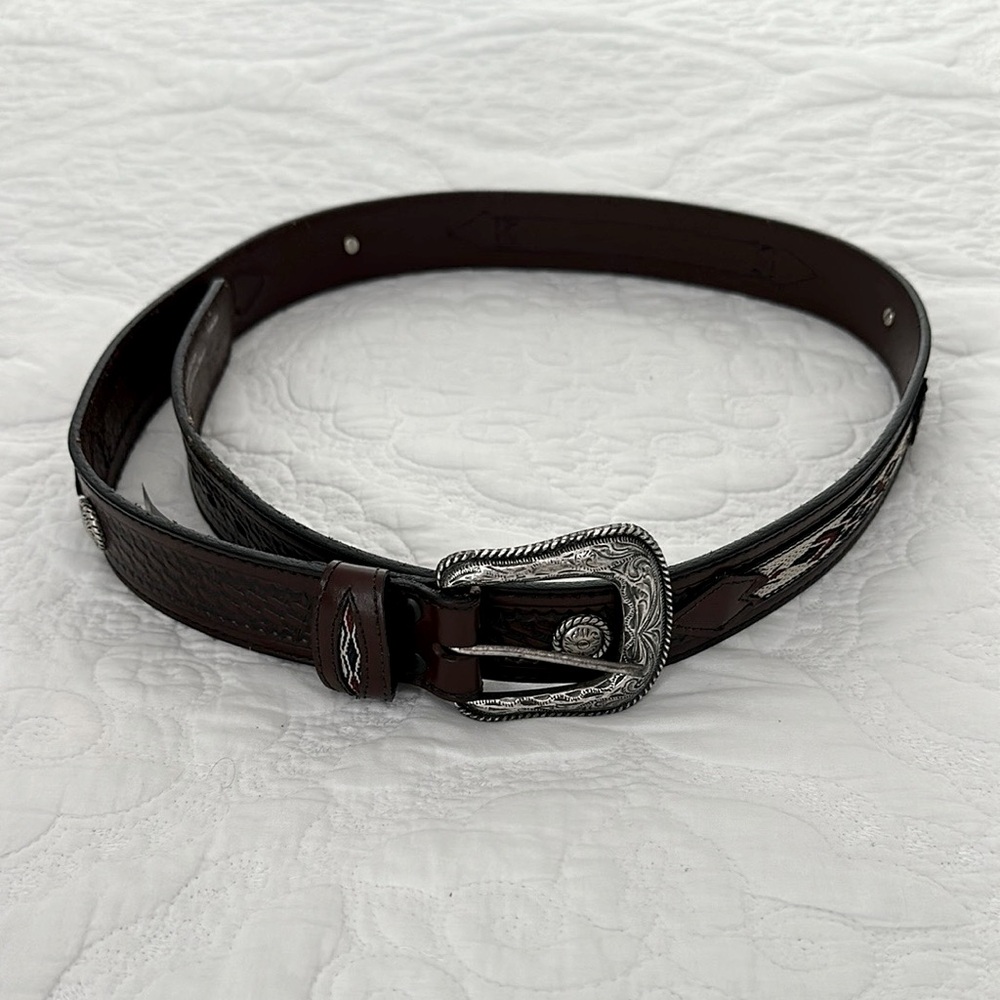 Vintage Wrangler Genuine Leather Brown Belt Men’s 42 Silver Buckle Southwest EUC